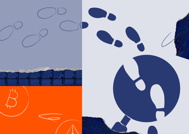 crypto myth busting graphic with stylized footprints and a shadow shaped like a magnifying class